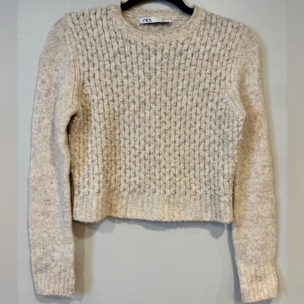 Zara Pearl Embellished Wool Blend Sweater Size Small